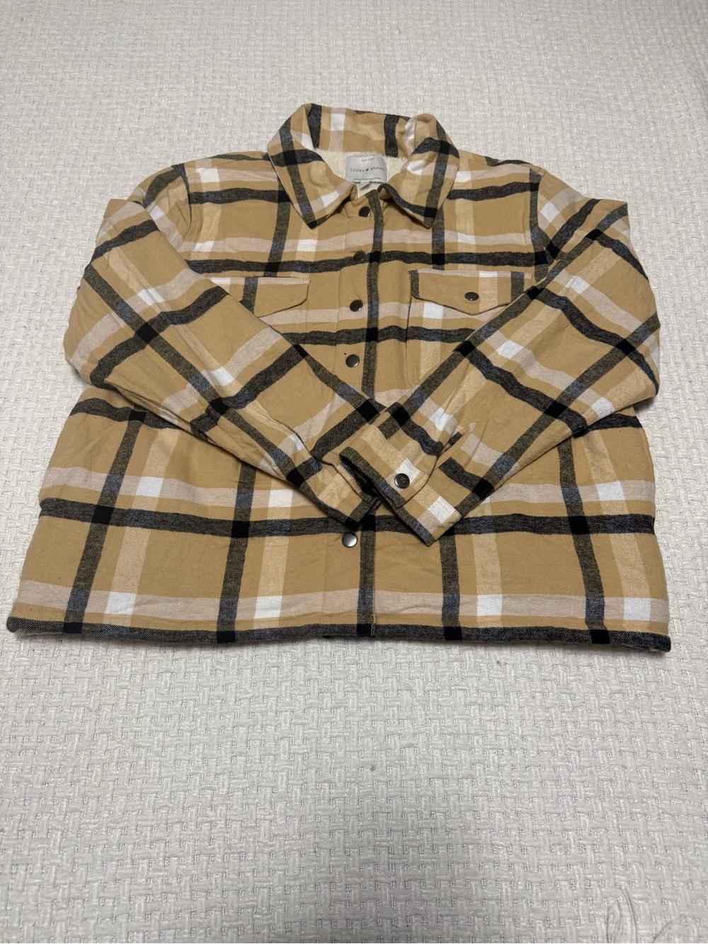 Lucky Brand women’s lined shacket, yellow & black plaid.  Large